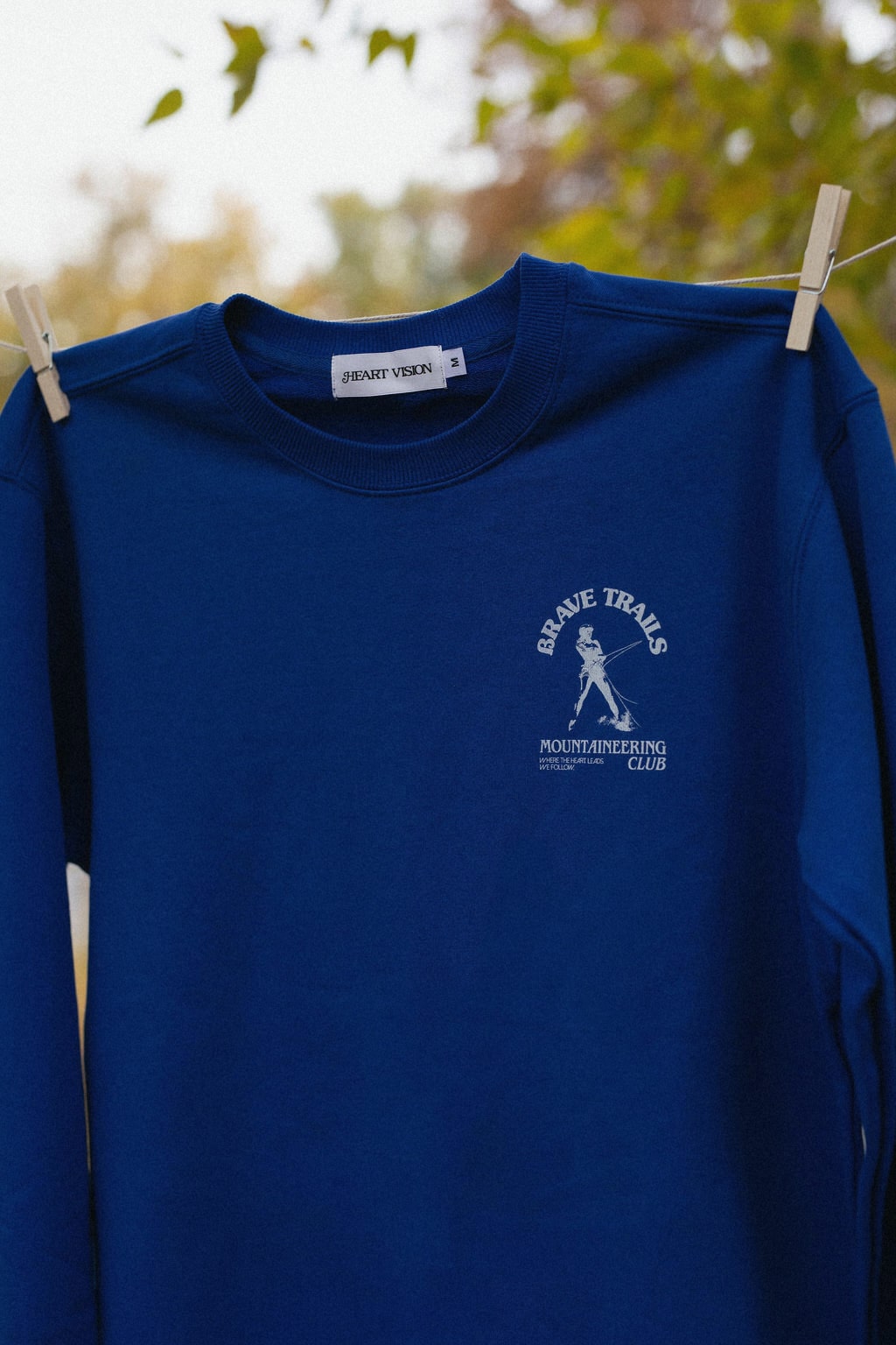 Blue sweatshirt with close up of a logo on a clothesline against a blurred natural background