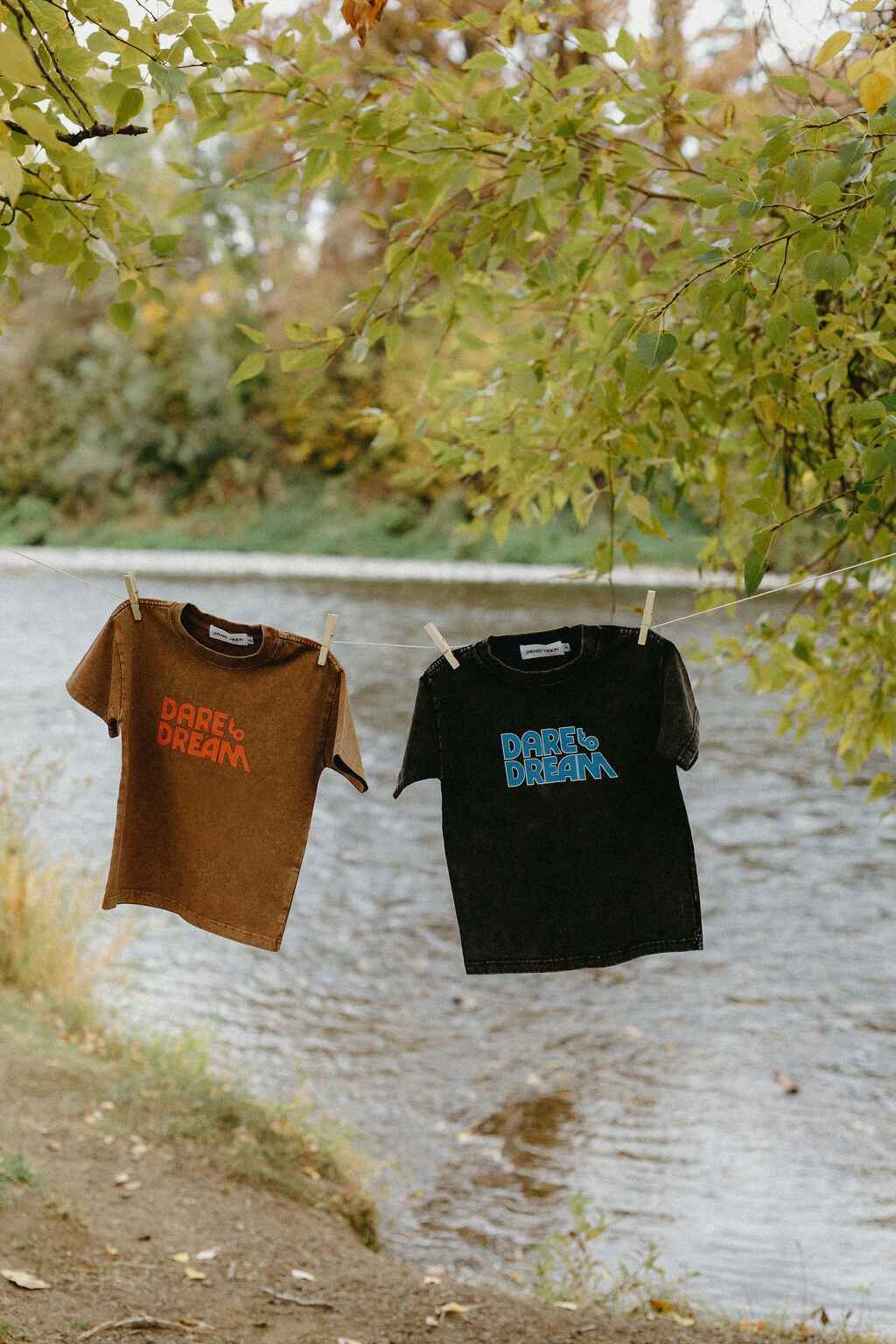 Two t-shirts, one brown and one black, with 'Dare to Dream' printed on them, hanging by a lake.