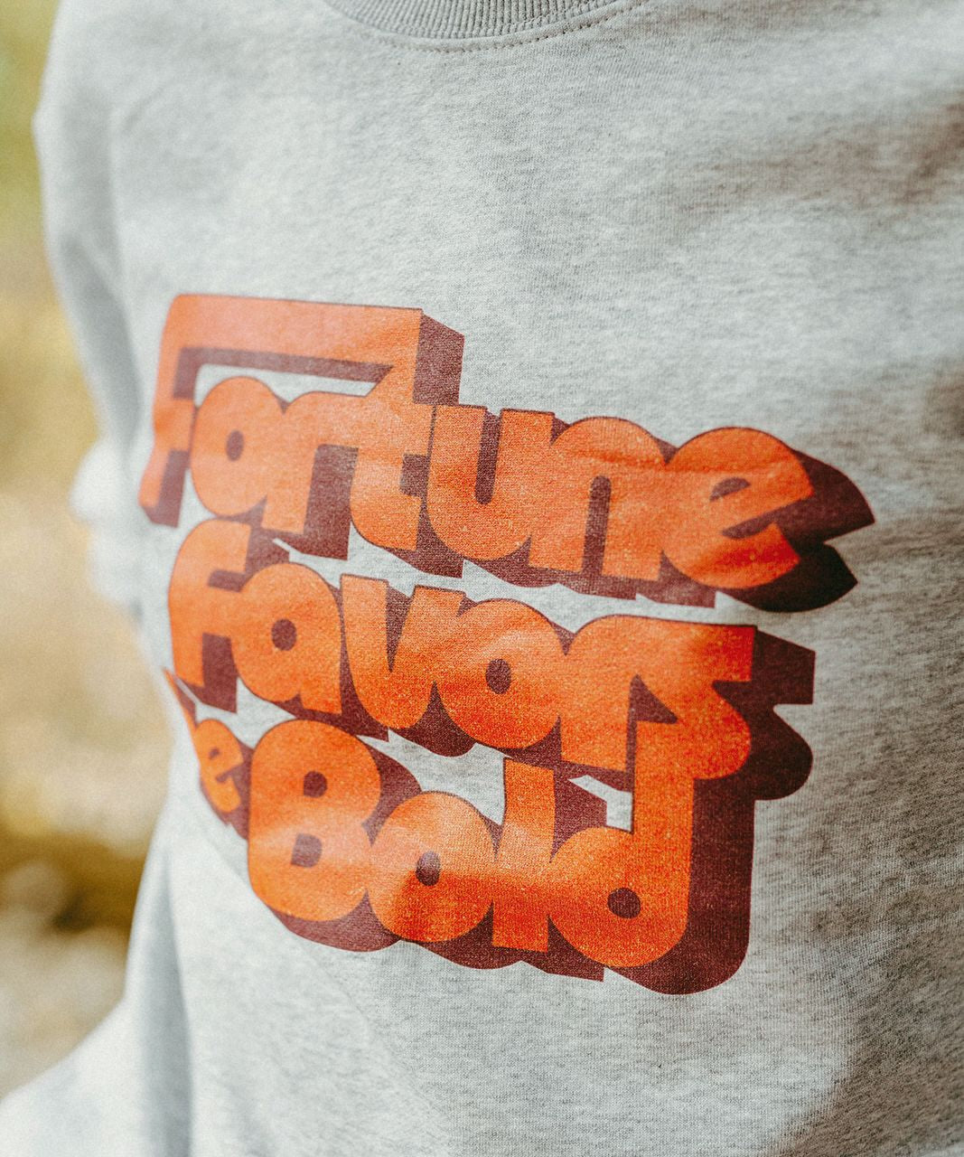 Gray sweatshirt with red text 'Fortune Favors the Bold' on a blurred natural background