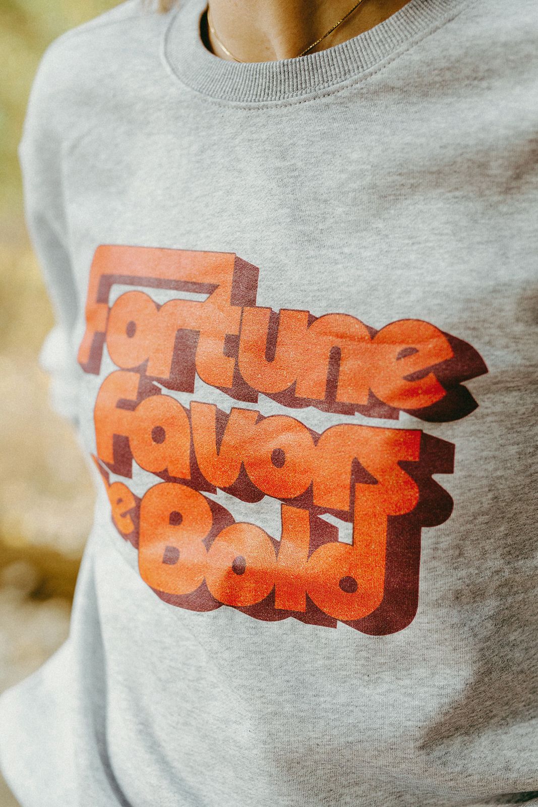Gray sweatshirt with red text 'Fortune Favors the Bold' on a blurred natural background