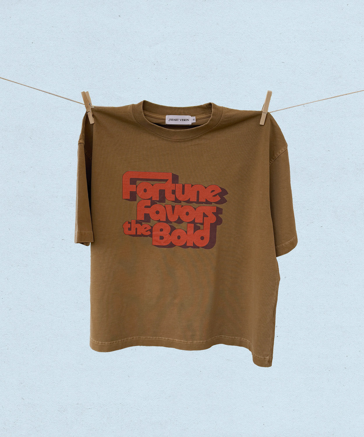 Brown t-shirt with red text 'Fortune Favors the Bold' hanging on a clothesline against a light blue background.