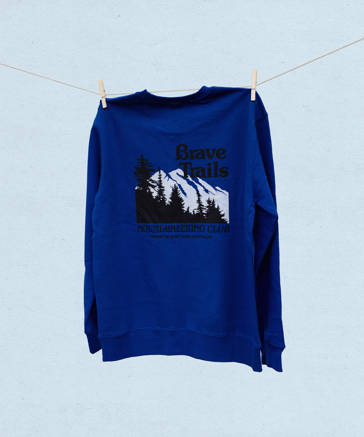 Back of blue sweatshirt with mountain graphic and text on a light blue background